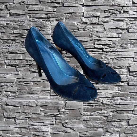 Stuart Weitzman Black Suede Heels Peep Toe Criss Cross Size 7.5 - Picture 15 of 16